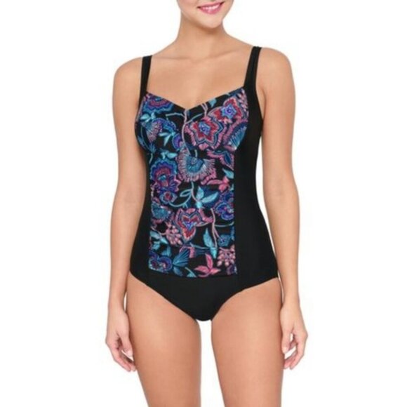KRISTA One Piece Swimsuit Tropical Floral Panel Solid Black Tummy Control Modest - Picture 1 of 12